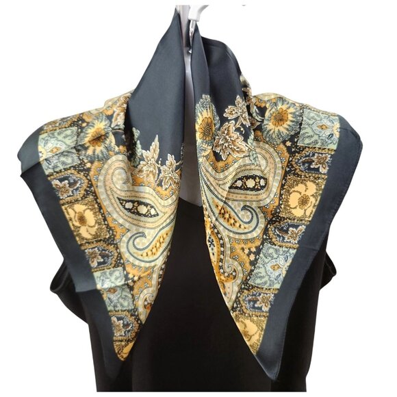 Paisley Floral Silk Scarf 27" Square Black Yellow Mint Accents Hand-Rolled - Picture 9 of 14